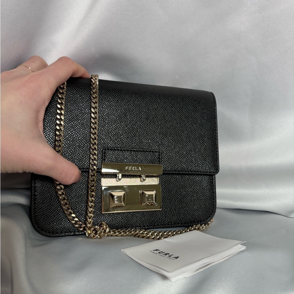 FURLA Bella Chain Crossbody Black In Gold Genuine Leather Bag - Picture 17 of 17
